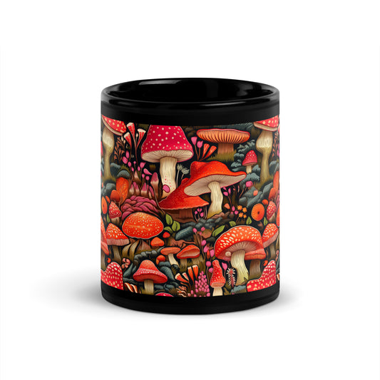 Mystical Mushroom Wonderland: Enchanting Black Coffee Mug Design