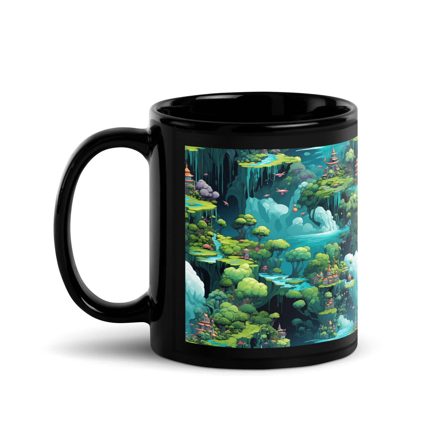 Enchanted Realm: Coffee Mug with Magical Creatures and Towering Trees