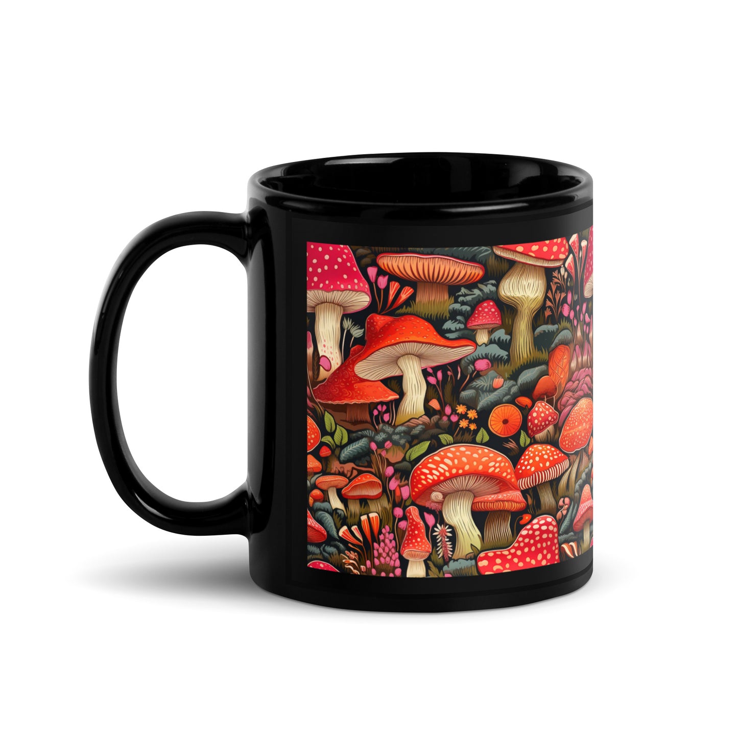 Mystical Mushroom Wonderland: Enchanting Black Coffee Mug Design