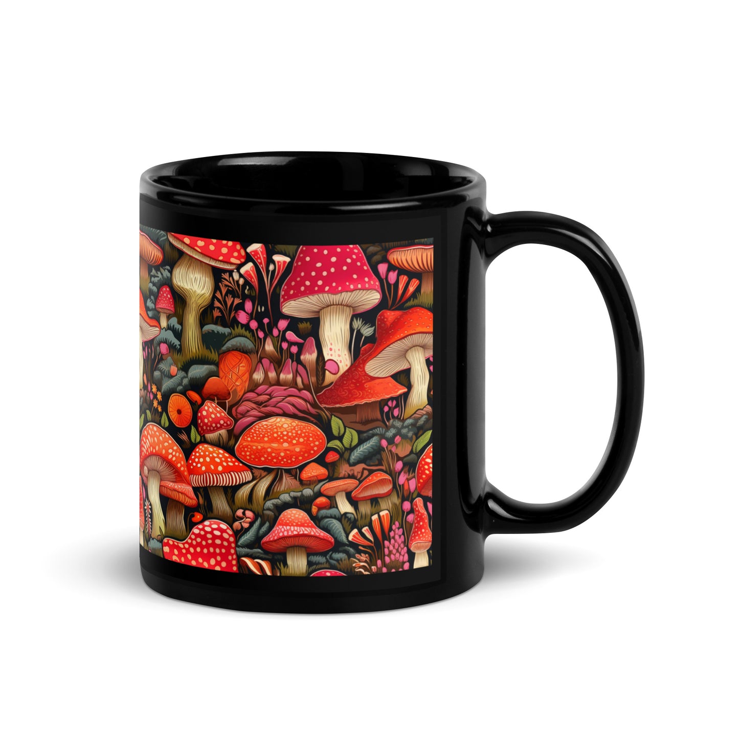 Mystical Mushroom Wonderland: Enchanting Black Coffee Mug Design