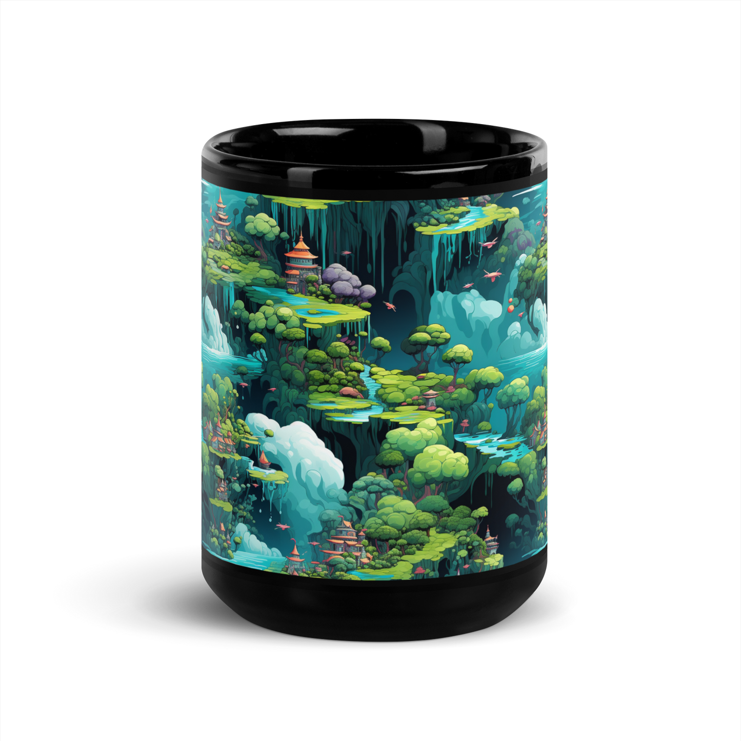 Enchanted Realm: Coffee Mug with Magical Creatures and Towering Trees