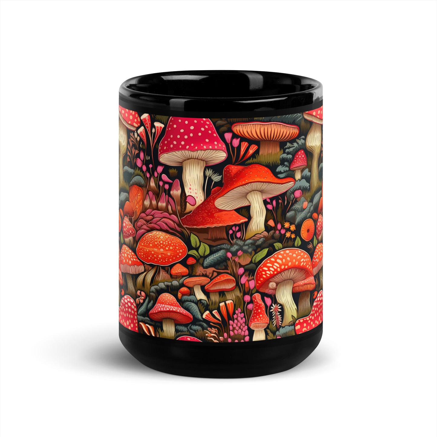 Mystical Mushroom Wonderland: Enchanting Black Coffee Mug Design