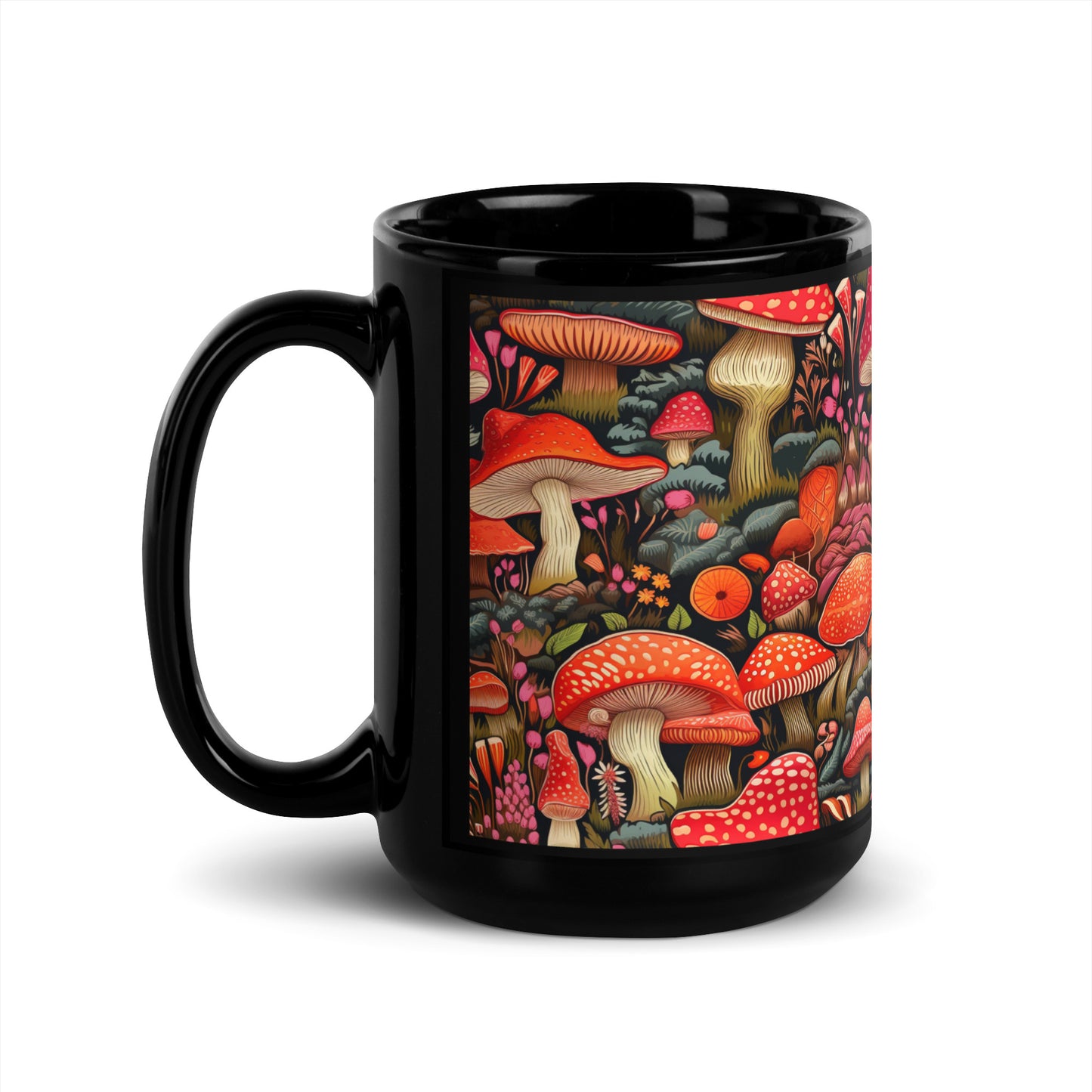 Mystical Mushroom Wonderland: Enchanting Black Coffee Mug Design