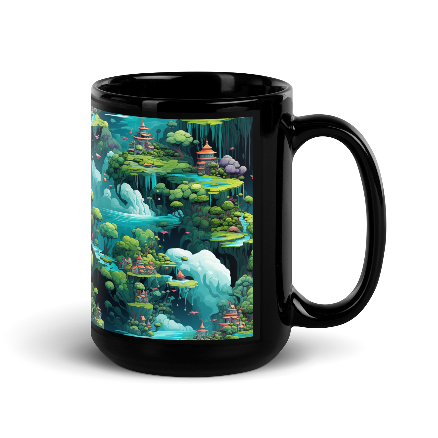 Enchanted Realm: Coffee Mug with Magical Creatures and Towering Trees