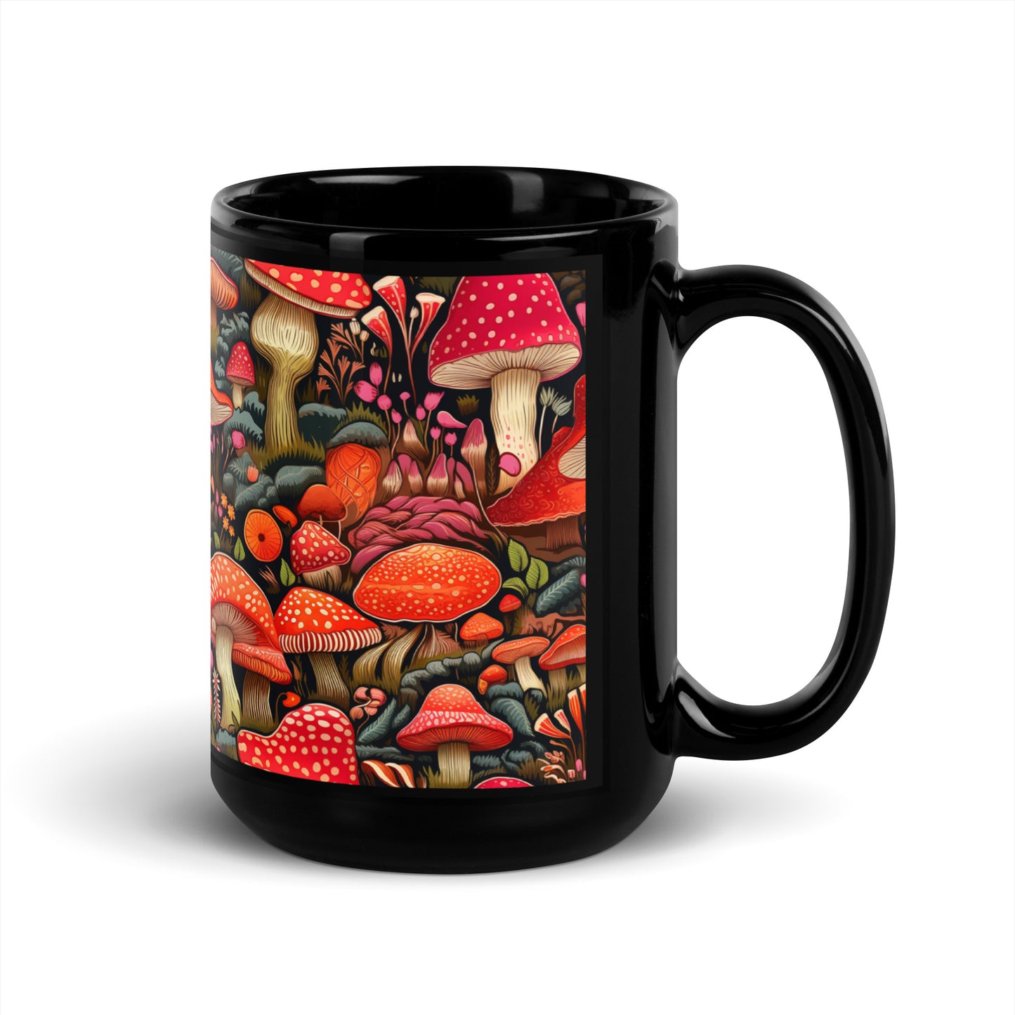 Mystical Mushroom Wonderland: Enchanting Black Coffee Mug Design