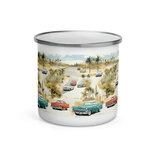 Retro Paradise: Vintage Palm Trees Coffee Mug - Nostalgic Vibes with Classic Cars