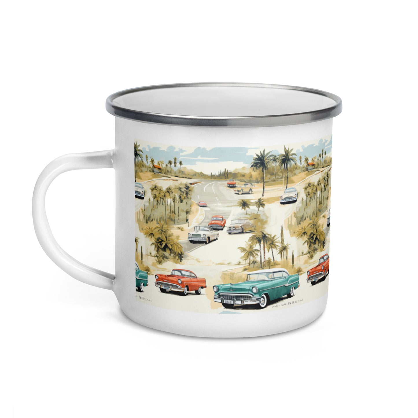 Retro Paradise: Vintage Palm Trees Coffee Mug - Nostalgic Vibes with Classic Cars