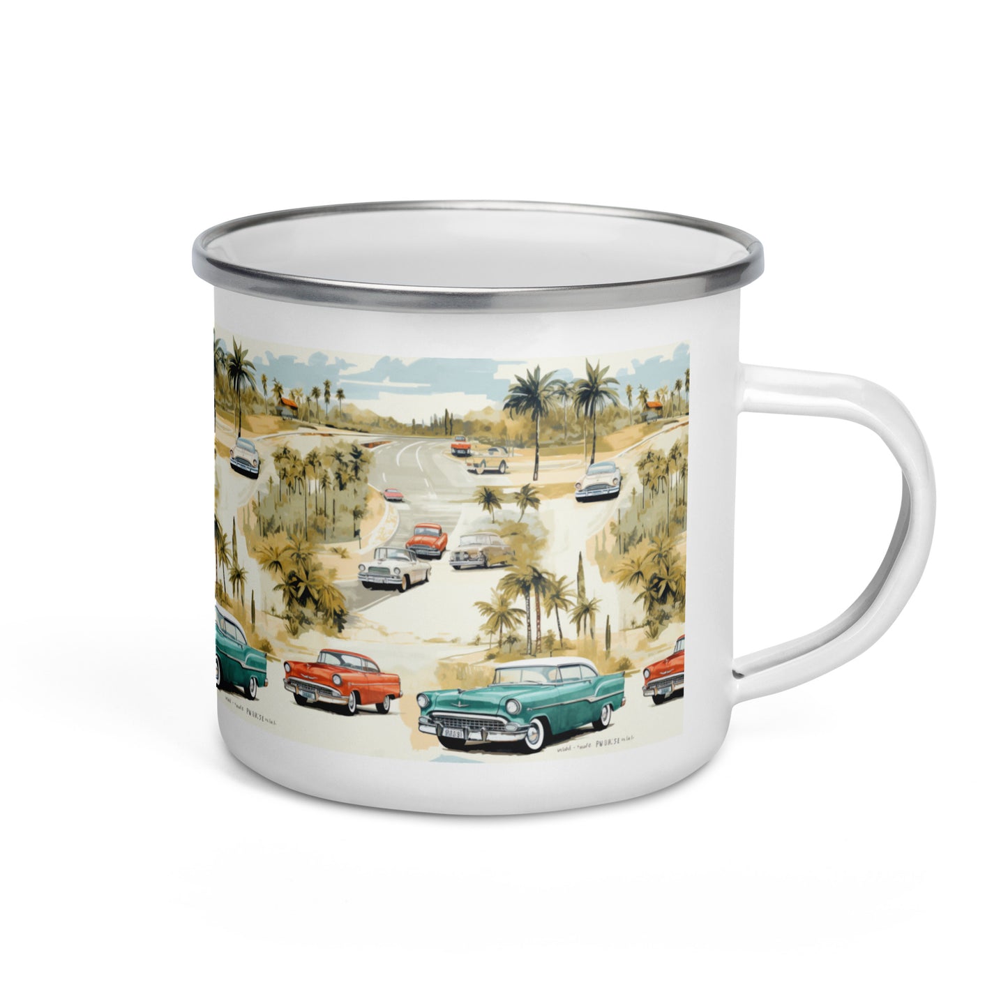 Retro Paradise: Vintage Palm Trees Coffee Mug - Nostalgic Vibes with Classic Cars