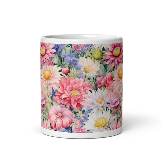 Blooming Watercolors: Floral Garden Glossy Mug - Vibrant Blossoms and Artistic Flourishes