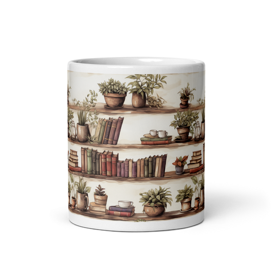 Cozy Reading Corner: Coffee Mug with Books and Plants - Nooks of Tranquility and Delight