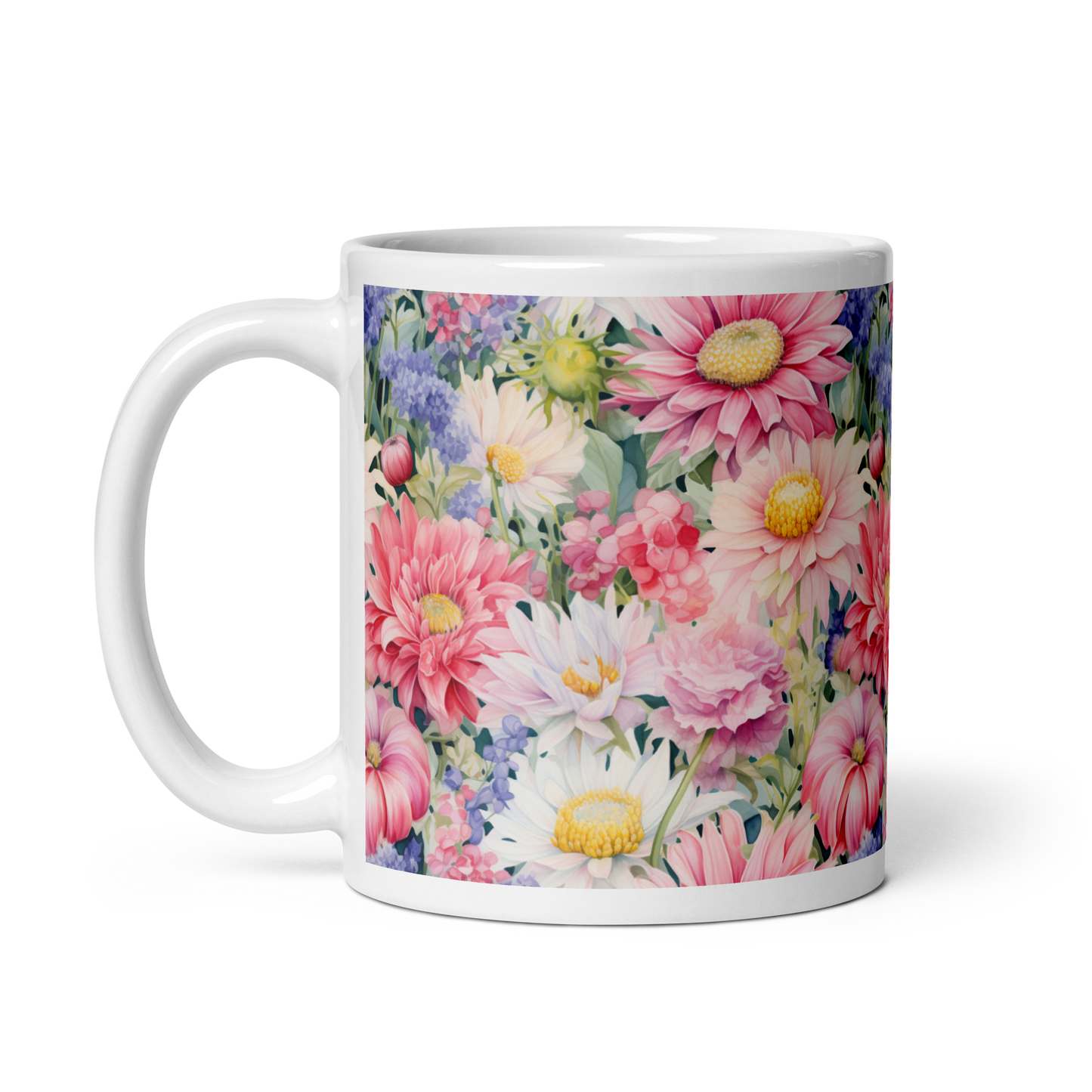 Blooming Watercolors: Floral Garden Glossy Mug - Vibrant Blossoms and Artistic Flourishes